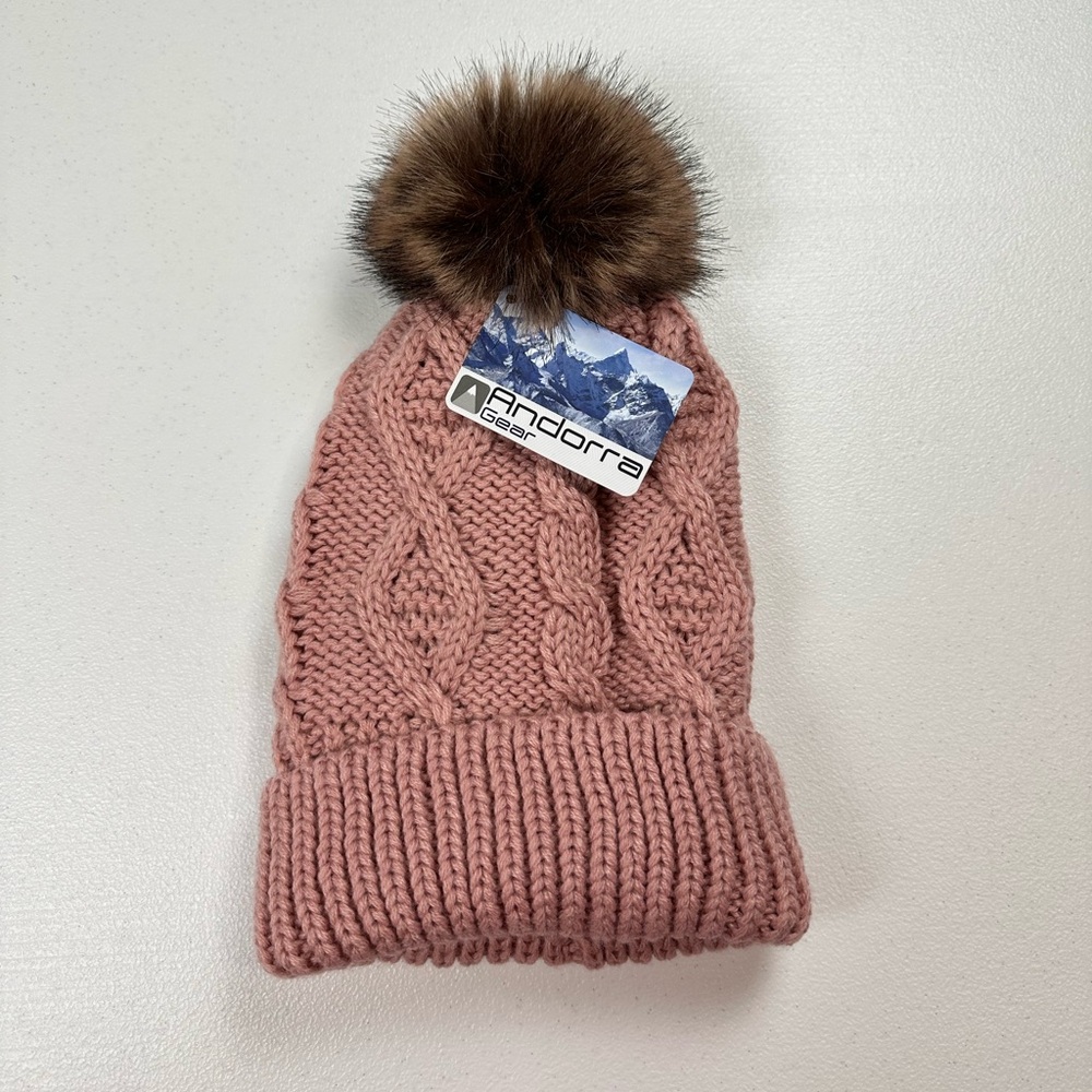 New Andorra Pink Cable Knit Pom Top Beanie Hat OSFM Acrylic Cotton Blend